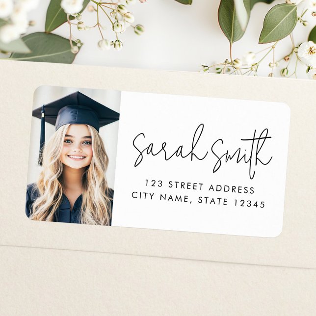 Modern skrift examen foto returadress adressetikett (Modern script graduate photo return address label)