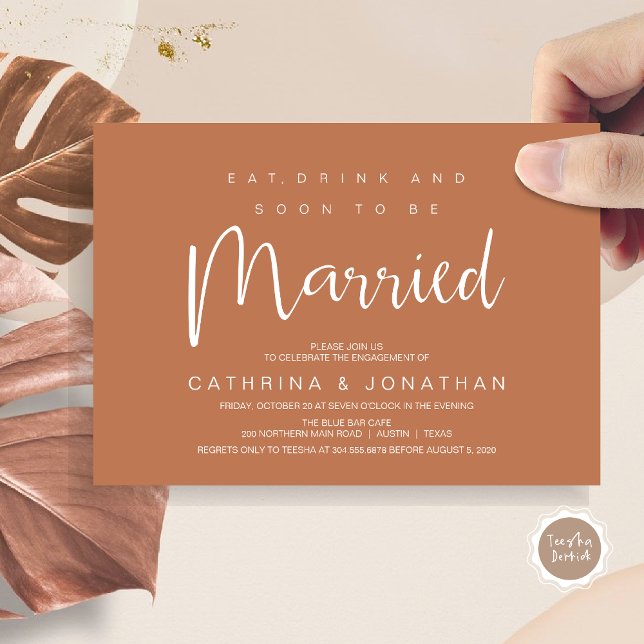 Modern skrift, Förlovning Middag Party Firande Inbjudningar (Modern Script, Engagement Dinner Party Invitation Card, Eat, Drink, Soon To Be Married, in Rust)