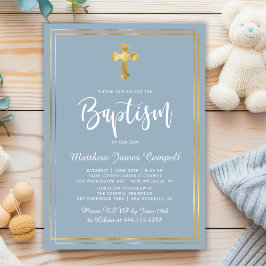 Modern Skrift Guld Kors Dammtor Blå Pojke Dop Inbjudningar