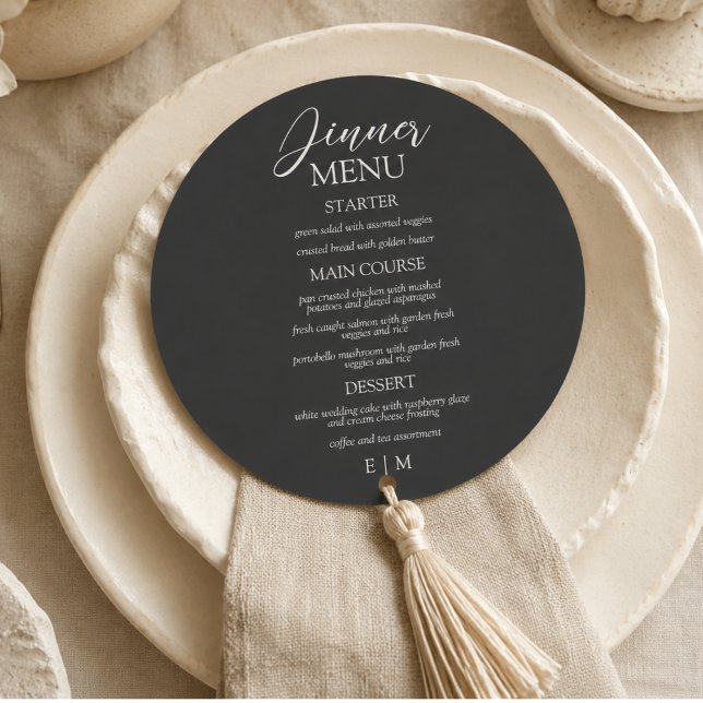 Modern Skrift Kol och Elfenben Formell Bröllop Meny (Modern Script Charcoal and Ivory Formal Wedding Menu)