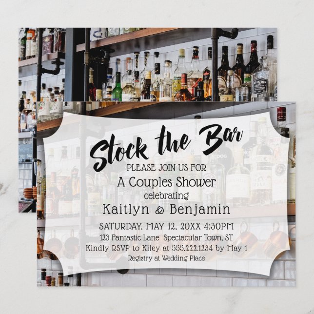 Modern skrift, Photo Lagrar i Pub Par Shower Inbjudningar (Fram/baksida)