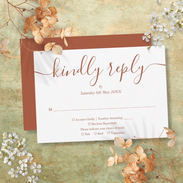 Modern Skrift Terrakotta Bröllopsmåltidsval OSA Kort (Modern Script Terracotta Wedding Meal Choice RSVP Card)
