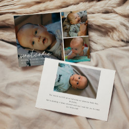 Modern skrift "Välkommen" 4-foto baby födsel Meddelande