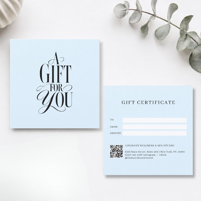 Modern skrifttyp blå QR-kod presentkort (Modern Script Font Blue QR Code Gift Certificate)