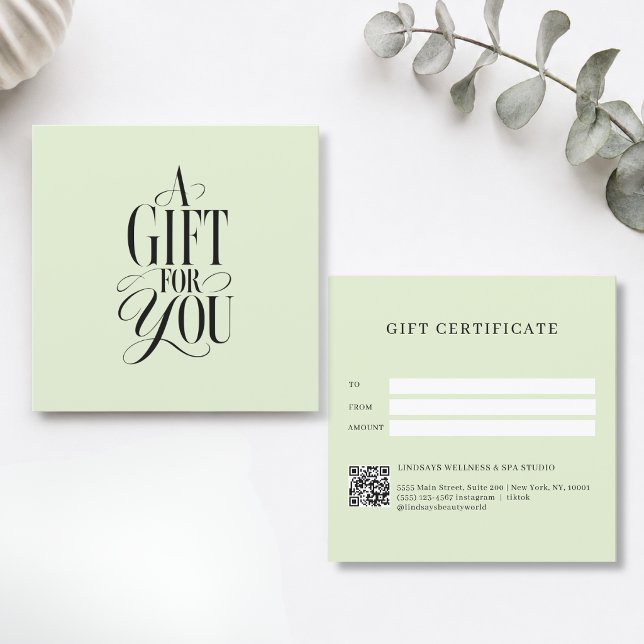 Modern skrifttyp grön QR-kod presentkort (Modern Script Font Green QR Code Gift Certificate)