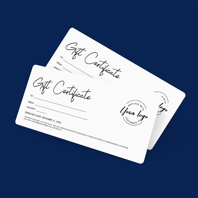 Modern skript anpassad logotyp presentkort inbjudningar (Customizable gift certificate with business logo, digital download and print available.)