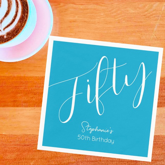 Modern skript Aqua Blue 50:e födelsedagen Pappersservett (Skapare uppladdad)