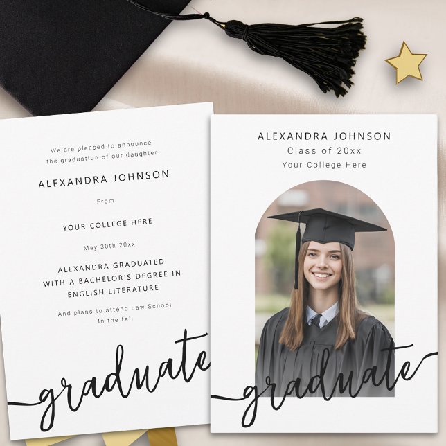 Modern Skript Arkiv Foto Examen Meddelande (Modern elegant arch photo graduation announcement card with stylish script )