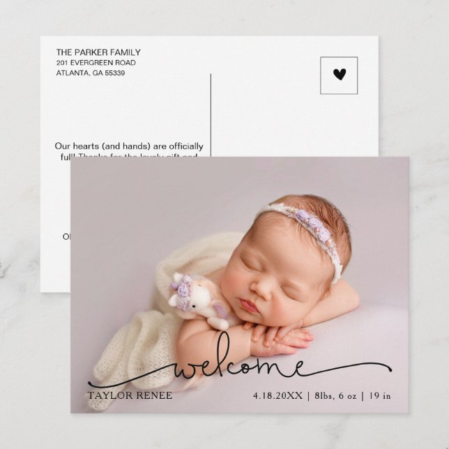 Modern Skript Baby Foto Födelsekungörelse Vykort (Fram/baksida)