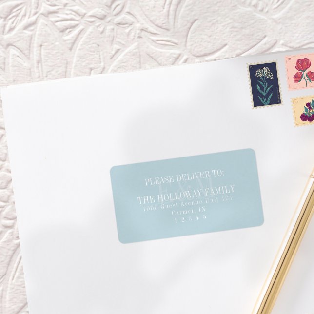 Modern Skript Blå Citrus Monogram Bröllop Adressetikett (Modern Script Blue Citrus Monogram Wedding Label)