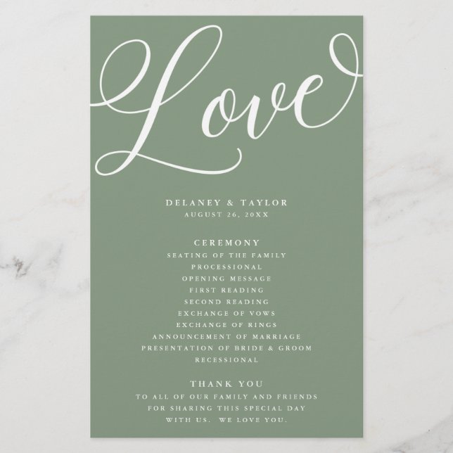 Modern skript, blomning, Sage Grönt Papper Program (Framsidan)