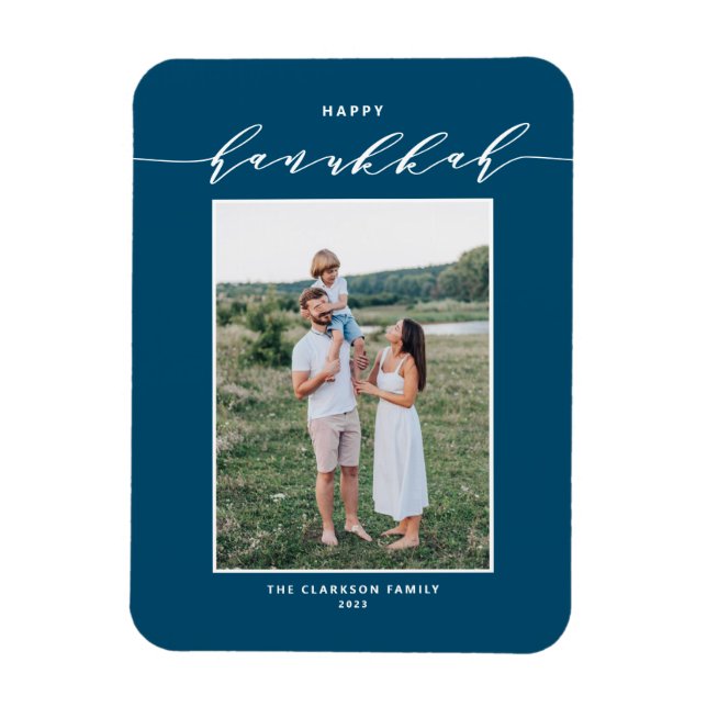 Modern skript Blue Lycklig Hanukkah Photo Magnet (Vertikal)