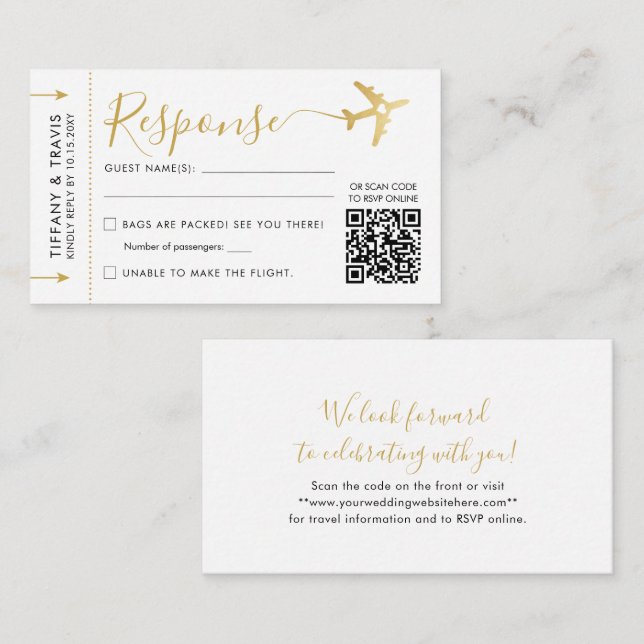 Modern skript Boarding Pass Biljett Mini QR RSVP Tilläggskort (Fram/baksida)