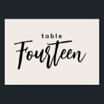 Modern skript Bord 14 fjorton off-White Bröllop Bordsnummer<br><div class="desc">Modern skript Bord 14 Fjorton off-White Bröllop eller Middag Party Bordsnummer. Fjorton skrivs ut i ett handskrivet teckensnitt i trendigets chic. Bakgrunden färg i det här bordsnumret är redigerbar för färg. Klicka bara på knappen Anpassa ytterligare för att välja färg som du vill använda. En snyggt som ändå är enkel...</div>