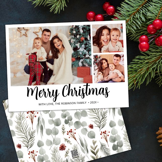 Modern skript, botaniskt 3 Photo Collage-jul Julkort (Skapare uppladdad)