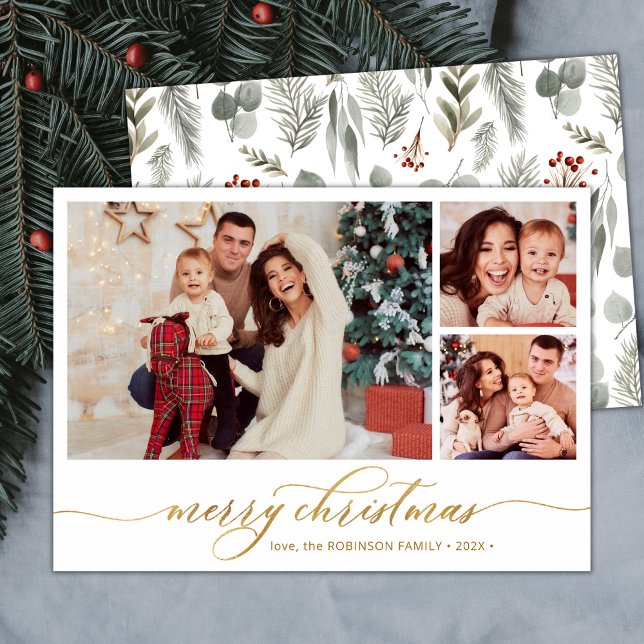 Modern skript, botaniskt 3 Photo Collage-jul Julkort (Skapare uppladdad)