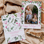 Modern skript Bright Rosa Greenery Arch 1-foto Julkort<br><div class="desc">Den här samlingen har vattenfärgsskarpa blommigtar för rosa,  bär och vintergröna med modern och elegant typografi,  med ett botaniskt mönster baksida på vintern.</div>