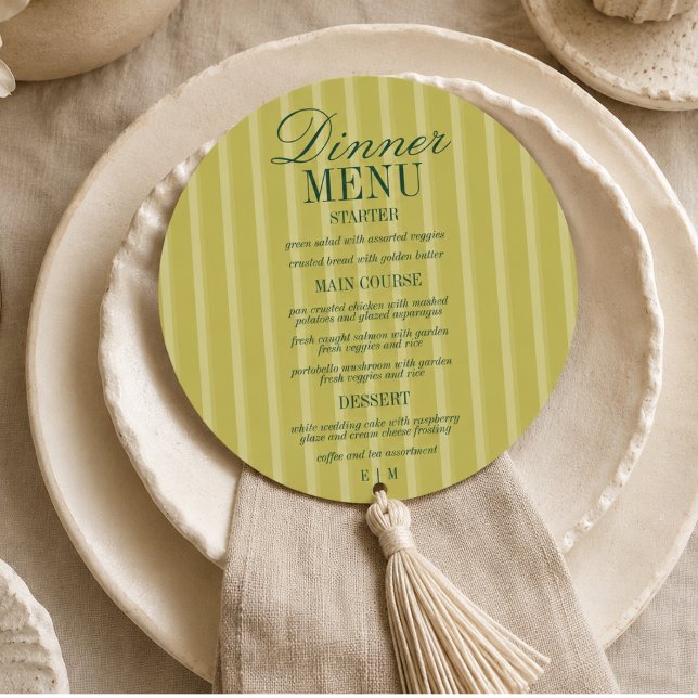 Modern Skript Chartreuse Rand Formell Bröllop Meny (Modern Script Chartreuse Stripe Formal Wedding Menu)