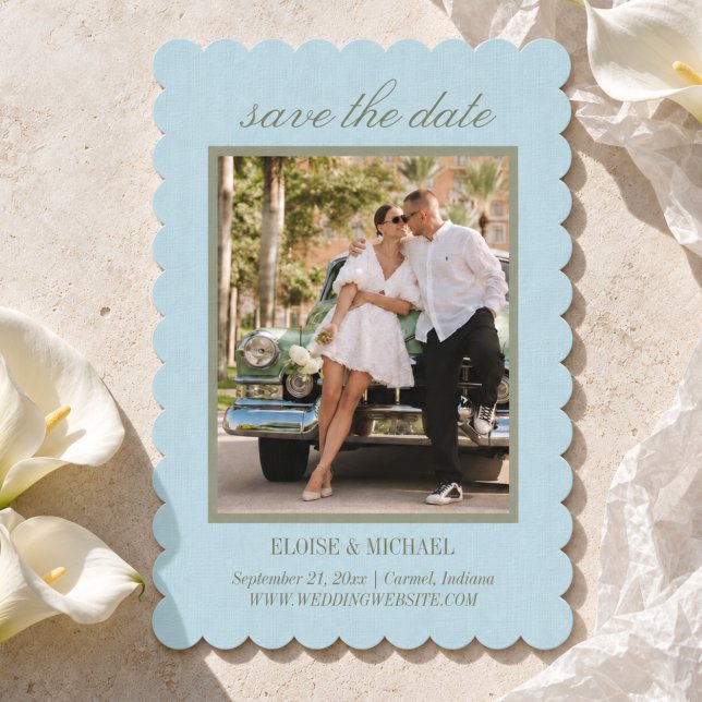 Modern Skript Citrus Blå Bröllopsfoto Spara Datumet (Modern Script Citrus Blue Wedding Photo Save The Date)