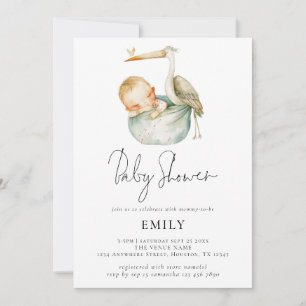 Modern skript Cute Stork and Baby Shower Inbjudningar