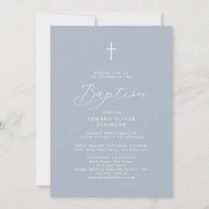 Modern skript Dusty Blue Baby Photo Baptism Inbjudningar