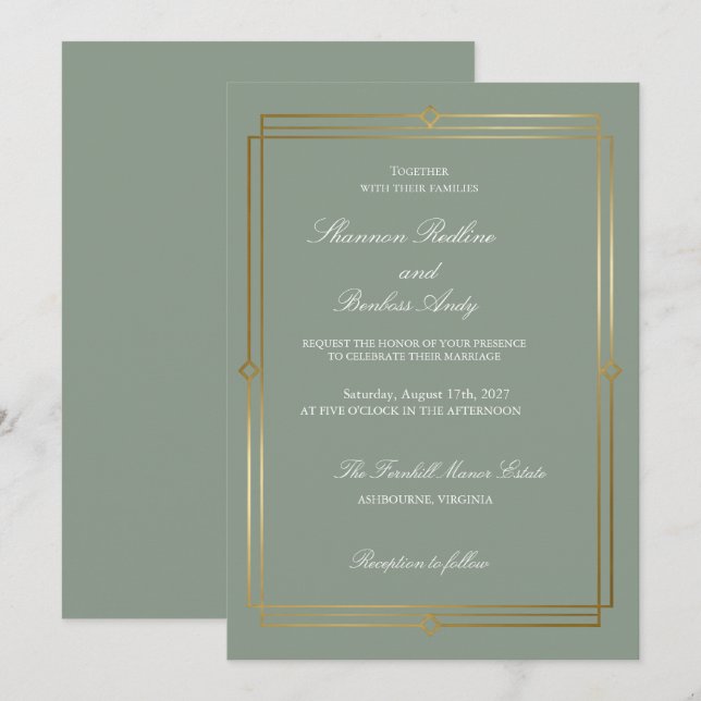 Modern Skript Elegant Salvia Grön & Guld Bröllop Inbjudningar (Fram/baksida)