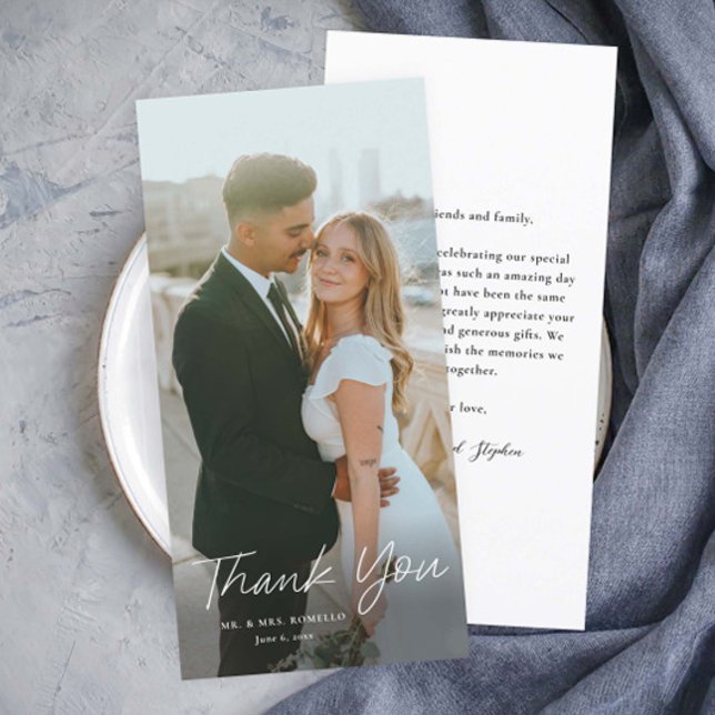 Modern Skript Enkel Foto Bröllop Hög Tack Kort (Modern handwritten script photo wedding thank you cards.)