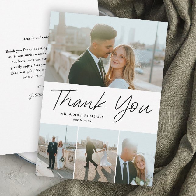 Modern skript - enkelt 4 foto Bröllop Tack Kort (Modern Script Wedding 4 Photo Thank You Cards.)