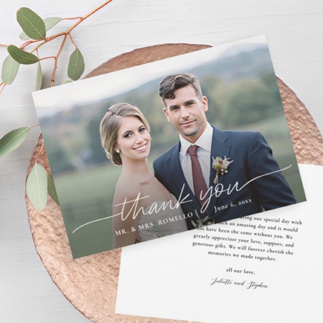Modern skript - enkelt foto Bröllop-tack - ditt ko Tack Kort (Elegant simple photo overlay wedding thank you card with message from the couple on the back.)