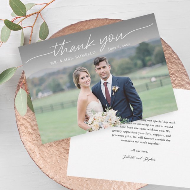Modern skript - enkelt foto Bröllop-tack - ditt ko Tack Kort (Elegant simple photo overlay wedding thank you card with message from the couple on the back.)