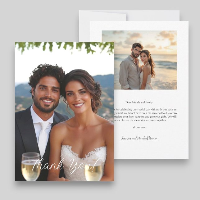 Modern skript - enkelt foto Bröllop Tack Kort (modern two photo wedding thank you card )