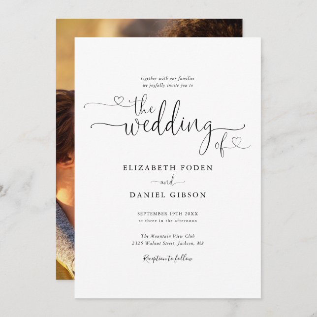 Modern skript för svart och vitt hörn, foto Bröllo Inbjudningar (Fram/baksida)