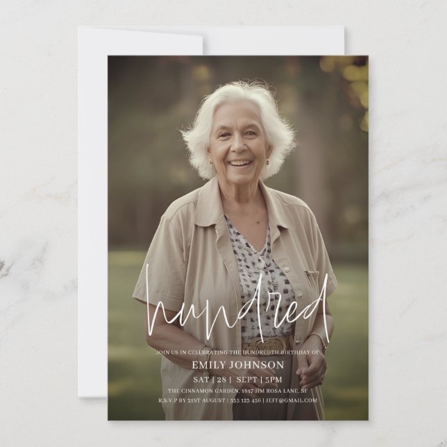 Modern skript Foto - minimalt 100:e födelsedagen Inbjudningar (Framsida)
