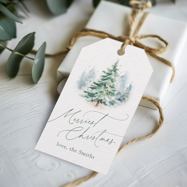Modern Skript Gladast Jul Tall Presentetikett (Modern Script Merriest Christmas Pine Tree Gift Tags)