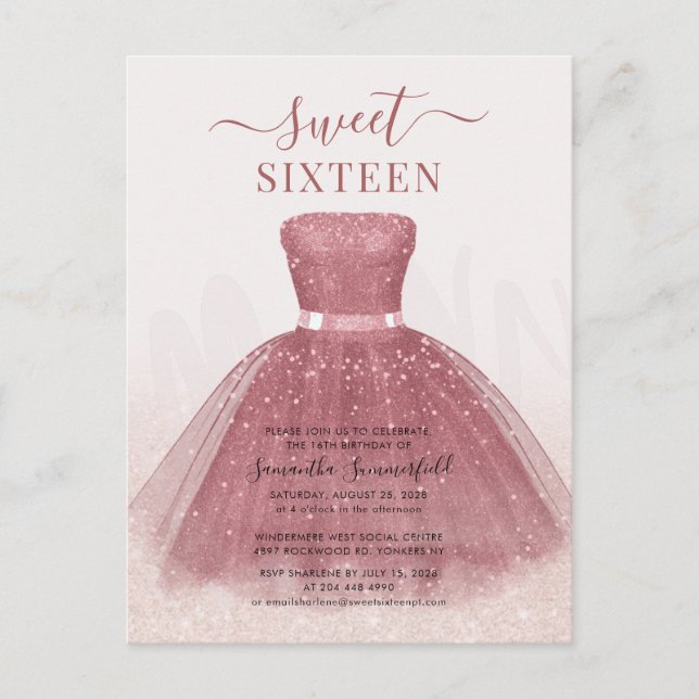 Modern skript Glitter Sweet 16 Birthday Ro Guld Inbjudan Vykort (Framsida)