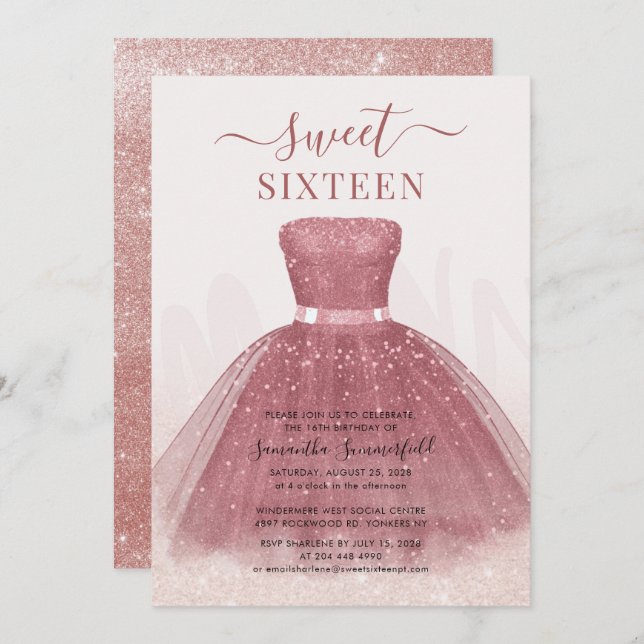 Modern skript Glitter Sweet 16 Ro Guld Inbjudningar (Fram/baksida)