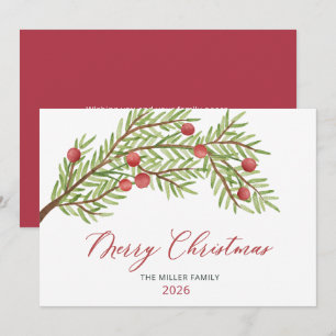 Modern skript Greenery Red Berries jul Julkort
