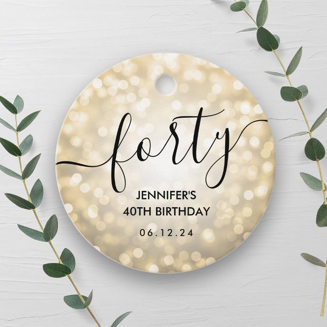 Modern skript Guld Glitter Ljus 40:e födelsedag Gåvor Etiketter (Modern Script Gold Glitter Lights 40th Birthday Favor Tags)