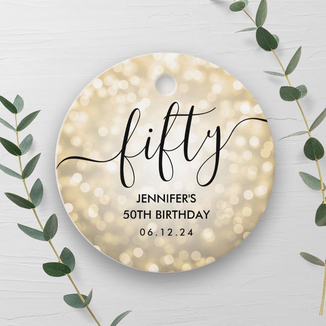 Modern skript Guld Glitter Ljus 50:e födelsedag Gåvor Etiketter (Modern Script Gold Glitter Lights 50th Birthday Favor Tags)