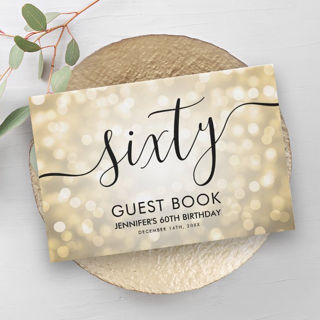 Modern skript Guld Glitter Ljus 60:e födelsedag Gästböcker (Modern Script Gold Glitter Lights 60th Birthday Guest Book)