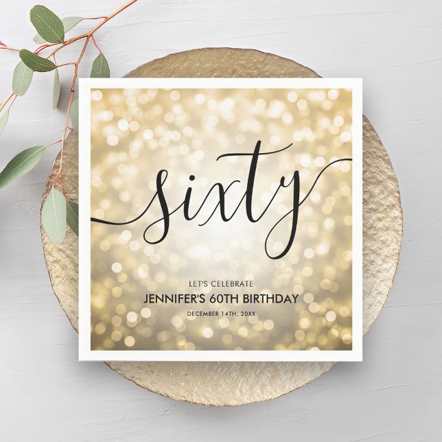 Modern skript Guld Glitter Ljus 60:e födelsedag Pappersservett (Modern Script Gold Glitter Lights 60th Birthday Napkins)