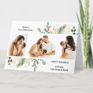 Modern skript Guld Greenery Baby Första jul Helgkort