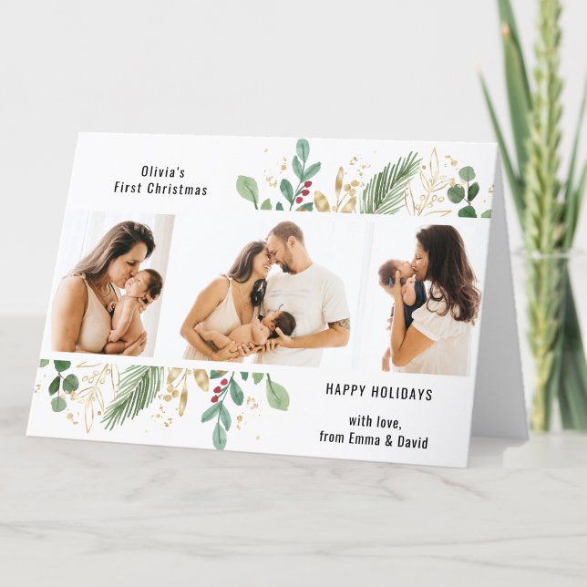 Modern skript Guld Greenery Baby Första jul Helgkort (Skapare uppladdad)