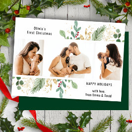 Modern skript Guld Greenery Baby Första jul Julkort