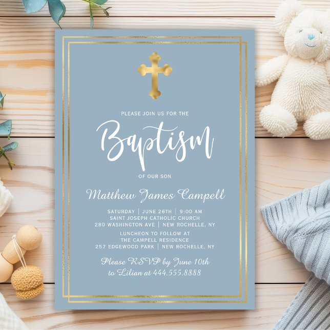 Modern skript Guld Kor Dusty Blue Boy Baptism Inbjudningar (Skapare uppladdad)