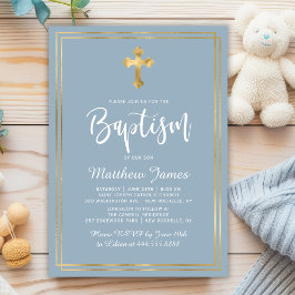 Modern skript Guld Kor Dusty Blue Boy Baptism Inbjudningar