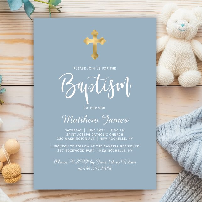 Modern skript Guld Kor Dusty Blue Boy Baptism Inbjudningar (Skapare uppladdad)