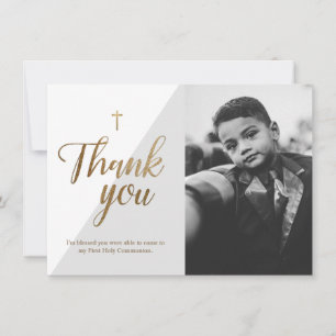 Modern skript Guld Kor Grått Boy First Communion Tack Kort