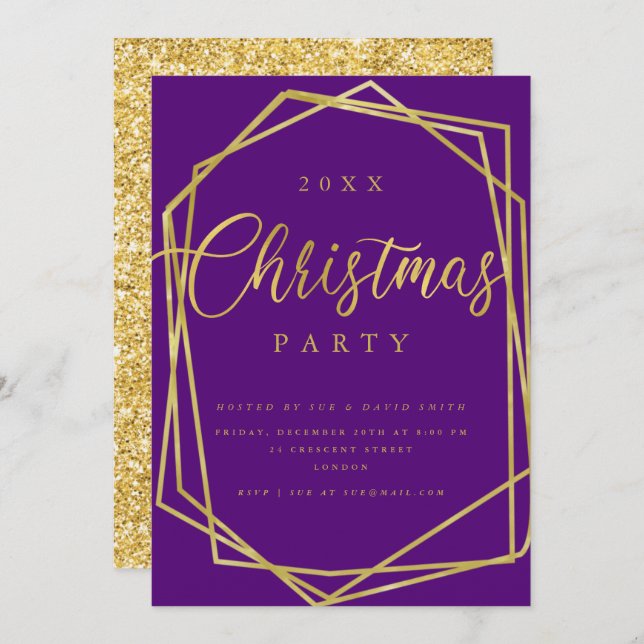 MODERN-skript Guld Lila Ram jul Party Inbjudningar (Fram/baksida)