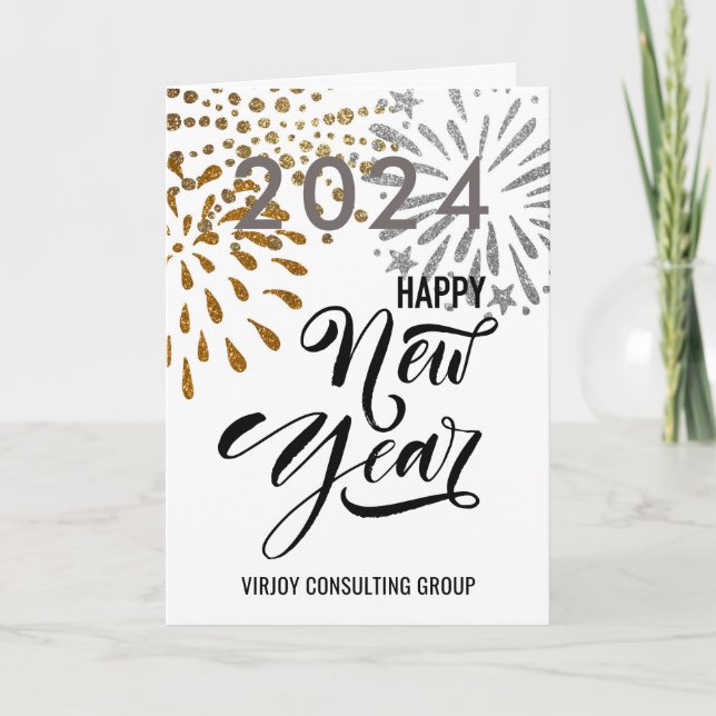 Modern skript Guld Silver Fireworks Business Photo Helgkort (Framsida)